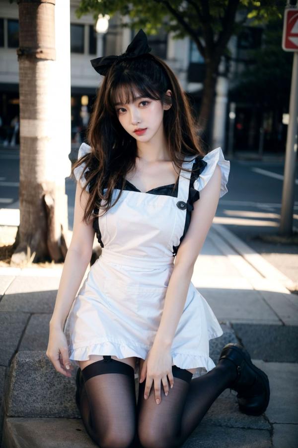    AI美女-拟实-黑白女仆裙街拍-18禁 户外性感女仆黑丝私房大尺度诱惑写真第3张图片
