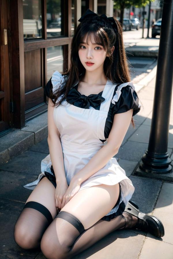    AI美女-拟实-黑白女仆裙街拍-18禁 户外性感女仆黑丝私房大尺度诱惑写真第6张图片