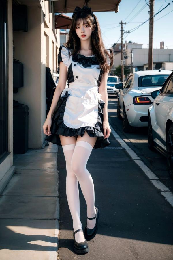    AI美女-拟实-黑白女仆裙街拍-18禁 户外性感女仆黑丝私房大尺度诱惑写真第12张图片