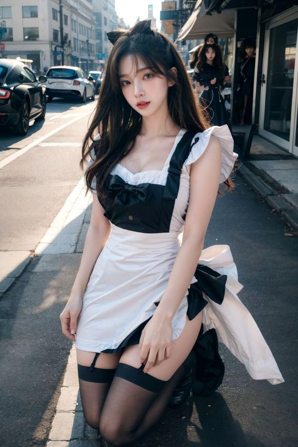    AI美女-拟实-黑白女仆裙街拍-18禁 户外性感女仆黑丝私房大尺度诱惑写真第13张图片