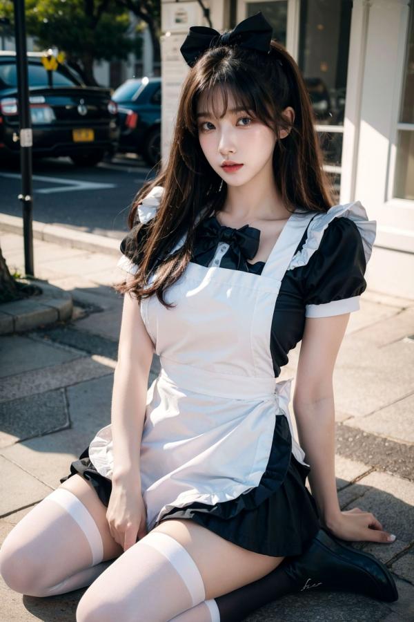    AI美女-拟实-黑白女仆裙街拍-18禁 户外性感女仆黑丝私房大尺度诱惑写真第14张图片