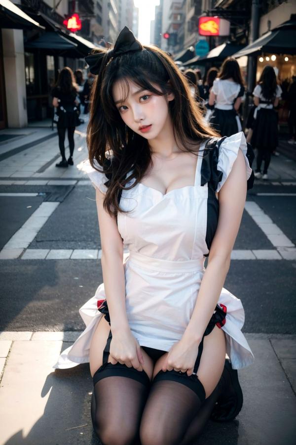    AI美女-拟实-黑白女仆裙街拍-18禁 户外性感女仆黑丝私房大尺度诱惑写真第17张图片