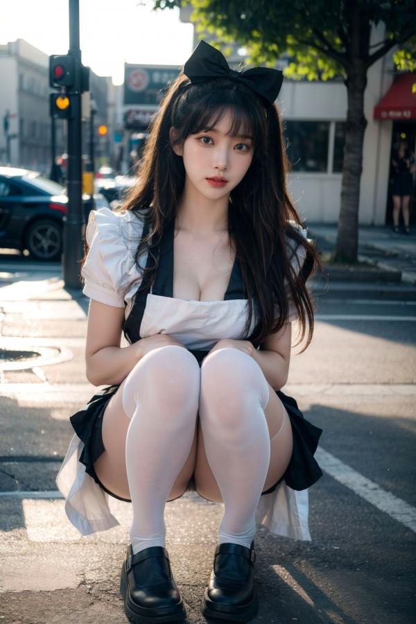    AI美女-拟实-黑白女仆裙街拍-18禁 户外性感女仆黑丝私房大尺度诱惑写真第26张图片