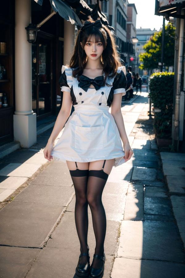    AI美女-拟实-黑白女仆裙街拍-18禁 户外性感女仆黑丝私房大尺度诱惑写真第35张图片
