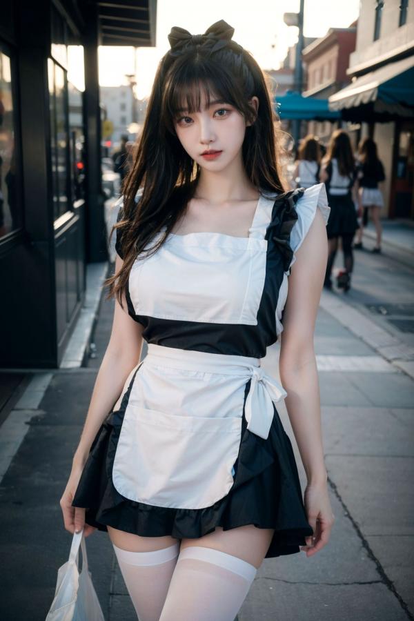    AI美女-拟实-黑白女仆裙街拍-18禁 户外性感女仆黑丝私房大尺度诱惑写真第37张图片