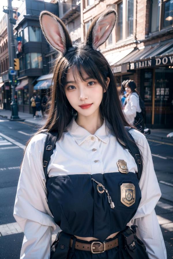    AI美女-拟实-兔耳女警街拍-纯净版 | 甜美萌系角色扮演户外写真第1张图片