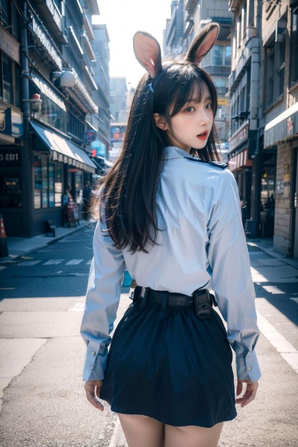    AI美女-拟实-兔耳女警街拍-纯净版 | 甜美萌系角色扮演户外写真第3张图片