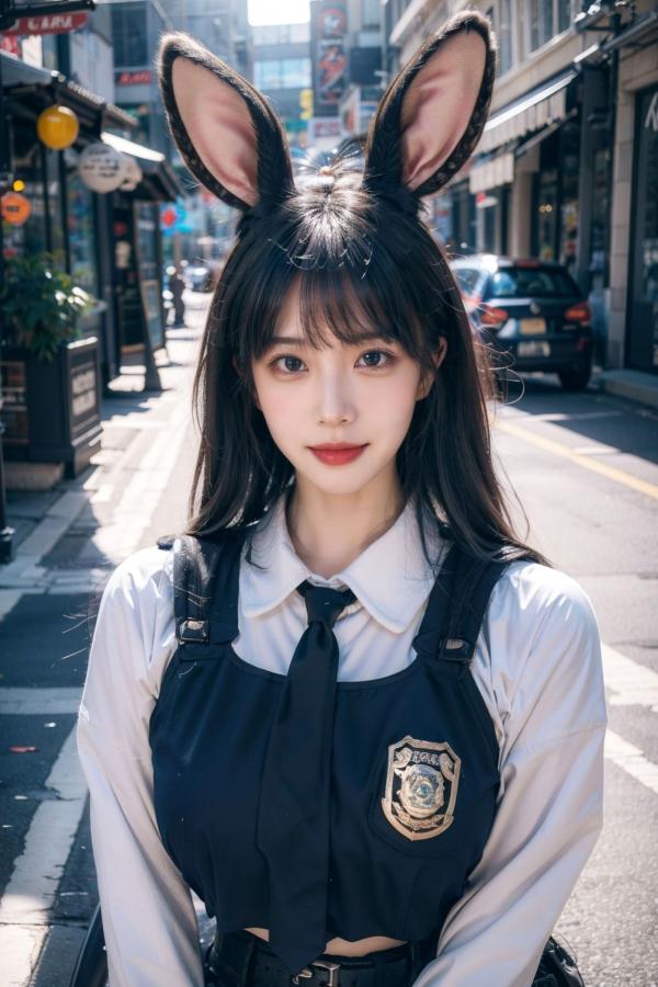    AI美女-拟实-兔耳女警街拍-纯净版 | 甜美萌系角色扮演户外写真第4张图片