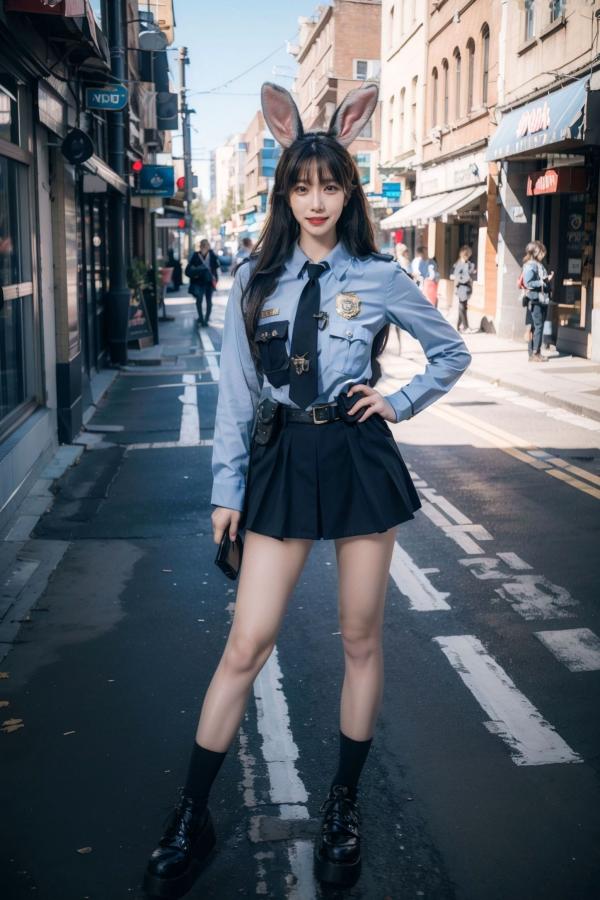    AI美女-拟实-兔耳女警街拍-纯净版 | 甜美萌系角色扮演户外写真第5张图片