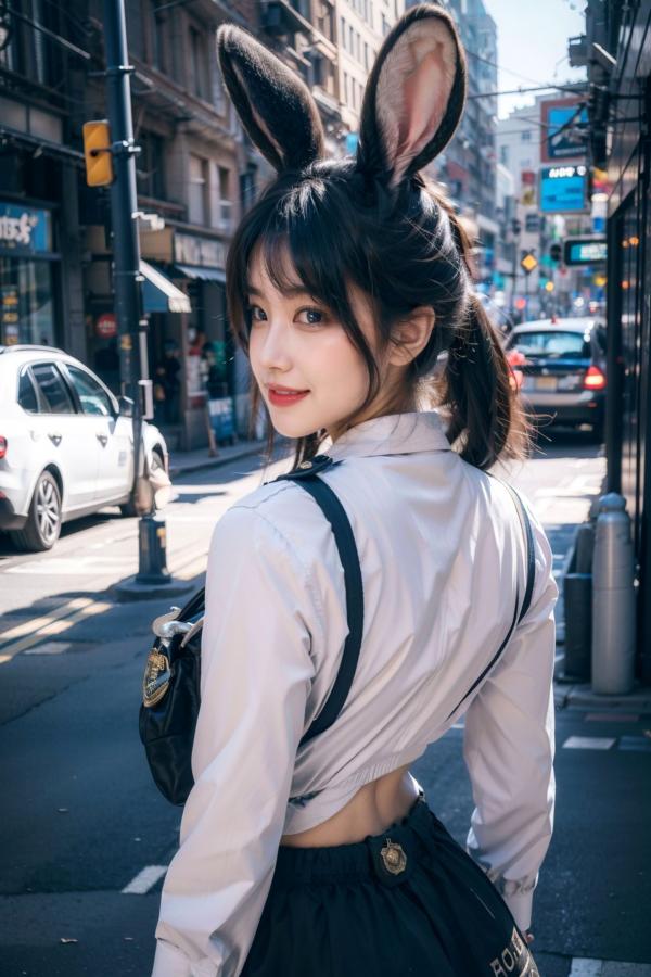    AI美女-拟实-兔耳女警街拍-纯净版 | 甜美萌系角色扮演户外写真第6张图片
