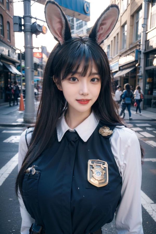    AI美女-拟实-兔耳女警街拍-纯净版 | 甜美萌系角色扮演户外写真第7张图片