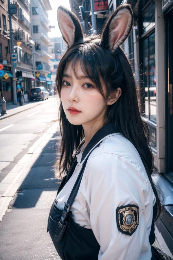    AI美女-拟实-兔耳女警街拍-纯净版 | 甜美萌系角色扮演户外写真第8张图片
