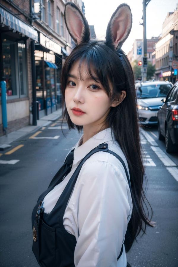    AI美女-拟实-兔耳女警街拍-纯净版 | 甜美萌系角色扮演户外写真第9张图片