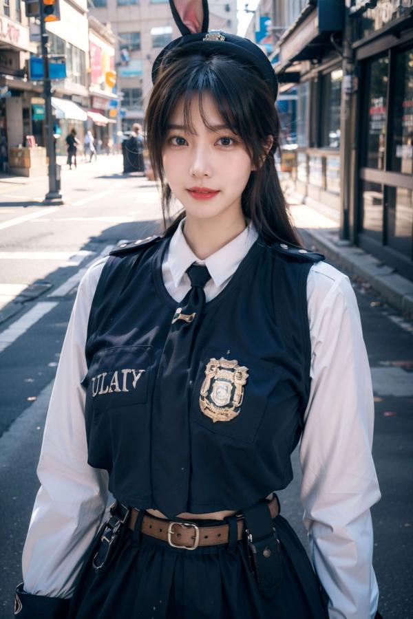    AI美女-拟实-兔耳女警街拍-纯净版 | 甜美萌系角色扮演户外写真第11张图片