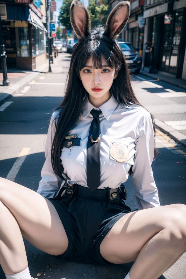    AI美女-拟实-兔耳女警街拍-纯净版 | 甜美萌系角色扮演户外写真第12张图片