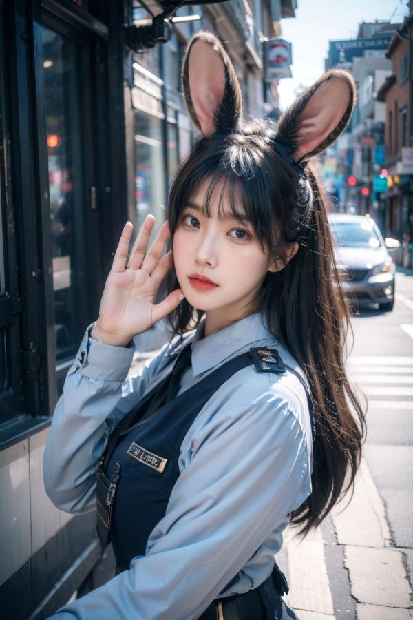    AI美女-拟实-兔耳女警街拍-纯净版 | 甜美萌系角色扮演户外写真第13张图片