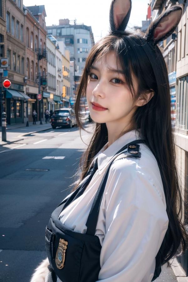    AI美女-拟实-兔耳女警街拍-纯净版 | 甜美萌系角色扮演户外写真第14张图片