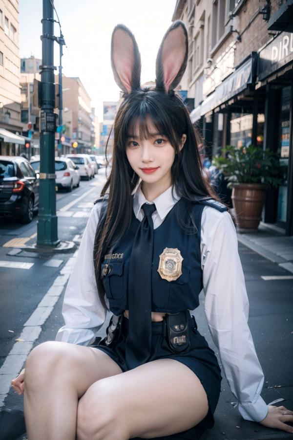    AI美女-拟实-兔耳女警街拍-纯净版 | 甜美萌系角色扮演户外写真第15张图片