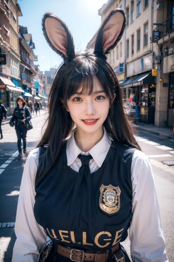    AI美女-拟实-兔耳女警街拍-纯净版 | 甜美萌系角色扮演户外写真第16张图片