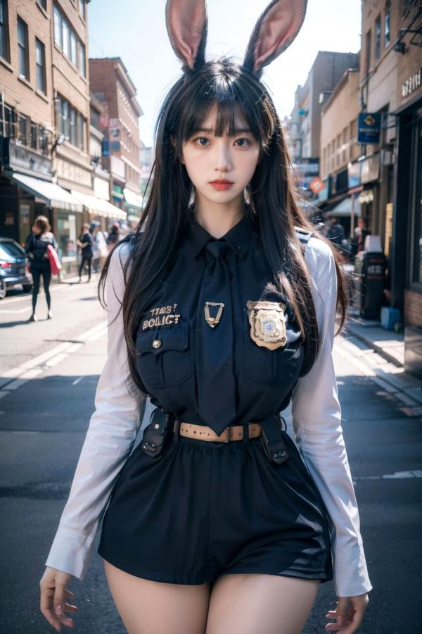    AI美女-拟实-兔耳女警街拍-纯净版 | 甜美萌系角色扮演户外写真第18张图片