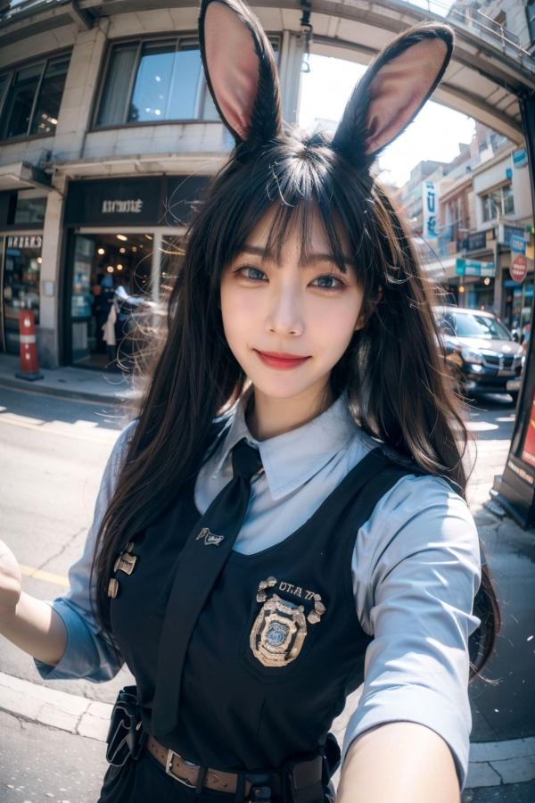    AI美女-拟实-兔耳女警街拍-纯净版 | 甜美萌系角色扮演户外写真第19张图片