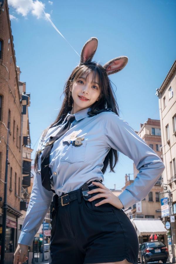    AI美女-拟实-兔耳女警街拍-纯净版 | 甜美萌系角色扮演户外写真第20张图片
