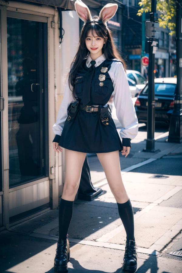    AI美女-拟实-兔耳女警街拍-纯净版 | 甜美萌系角色扮演户外写真第21张图片