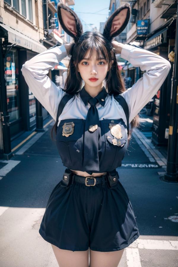    AI美女-拟实-兔耳女警街拍-纯净版 | 甜美萌系角色扮演户外写真第22张图片