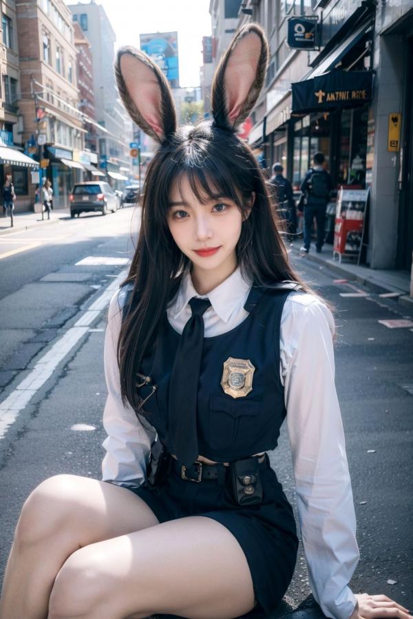   AI美女-拟实-兔耳女警街拍-纯净版 | 甜美萌系角色扮演户外写真第24张图片