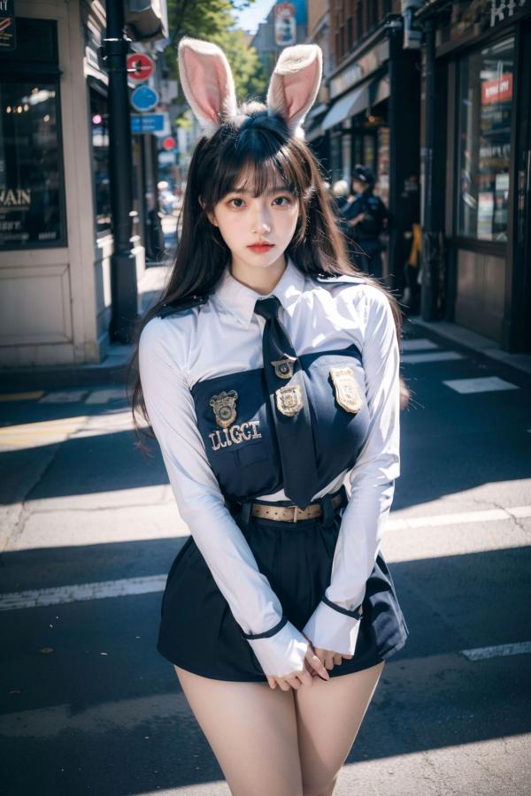    AI美女-拟实-兔耳女警街拍-纯净版 | 甜美萌系角色扮演户外写真第26张图片