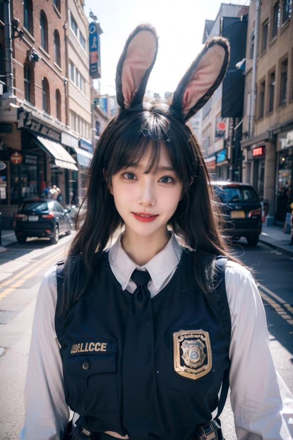    AI美女-拟实-兔耳女警街拍-纯净版 | 甜美萌系角色扮演户外写真第28张图片