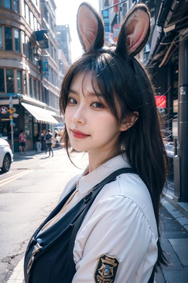    AI美女-拟实-兔耳女警街拍-纯净版 | 甜美萌系角色扮演户外写真第29张图片