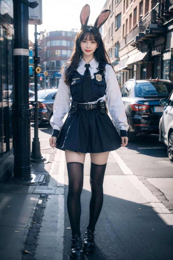    AI美女-拟实-兔耳女警街拍-纯净版 | 甜美萌系角色扮演户外写真第30张图片
