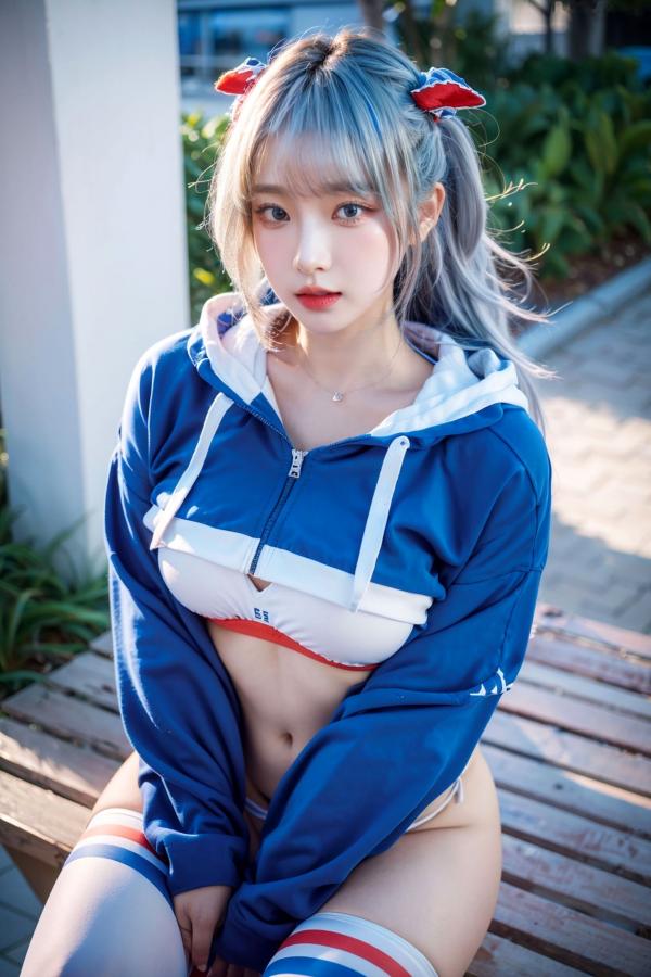   AI美女-拟实-蓝色运动服女生户外街拍 鲨鱼比基尼性感诱惑写真第1张图片