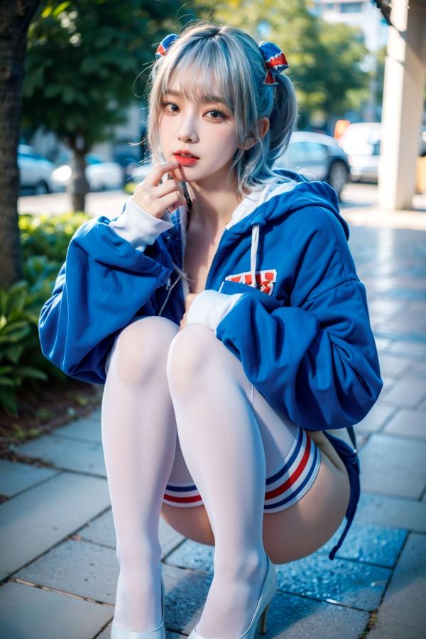   AI美女-拟实-蓝色运动服女生户外街拍 鲨鱼比基尼性感诱惑写真第11张图片