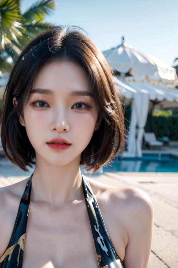   AI美女-拟实-深V黑色内衣户外泳池超高叉性感写真第3张图片
