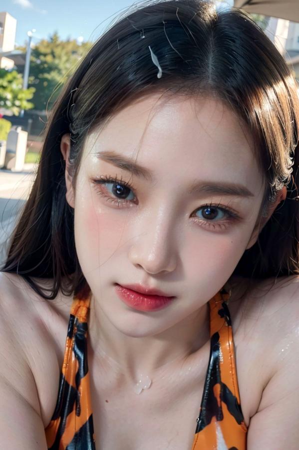   AI美女-拟实-深V黑色内衣户外泳池超高叉性感写真第107张图片