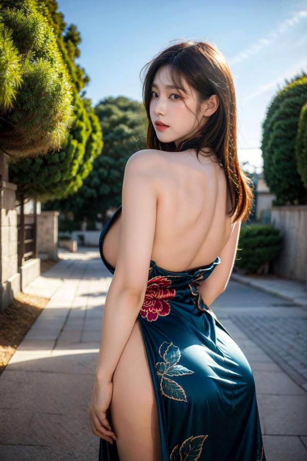   AI美女-拟实-情趣古风露背旗袍-蓝色版 街拍高衩性感写真第3张图片