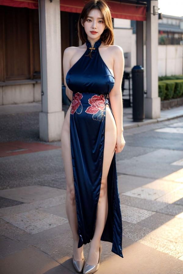   AI美女-拟实-情趣古风露背旗袍-蓝色版 街拍高衩性感写真第15张图片