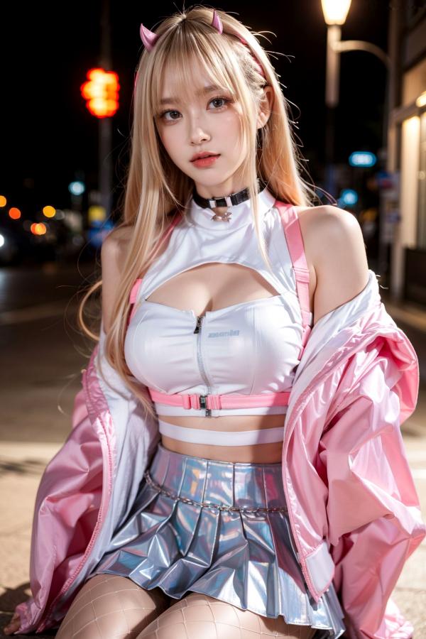   AI美女-拟实-粉衣银色短裙小恶魔-纯净版-夜色街拍 二次元甜酷角色扮演户外性感写真第1张图片