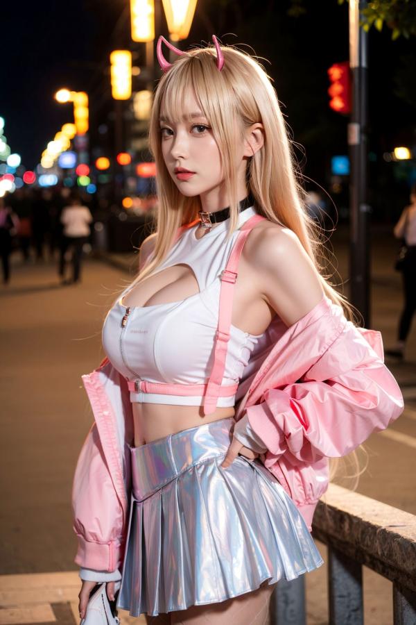   AI美女-拟实-粉衣银色短裙小恶魔-纯净版-夜色街拍 二次元甜酷角色扮演户外性感写真第5张图片
