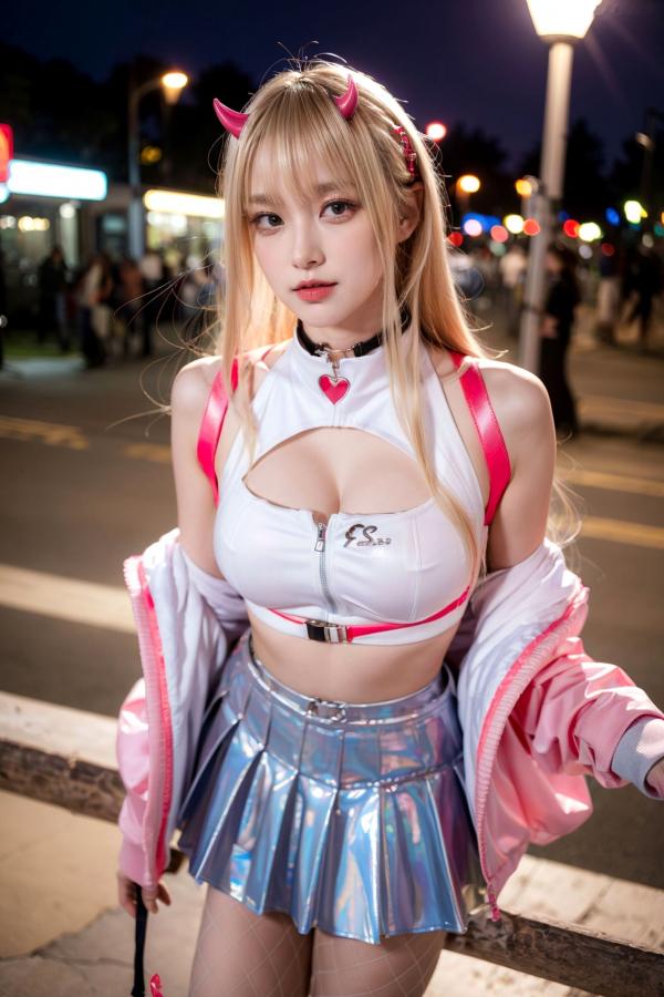   AI美女-拟实-粉衣银色短裙小恶魔-纯净版-夜色街拍 二次元甜酷角色扮演户外性感写真第8张图片