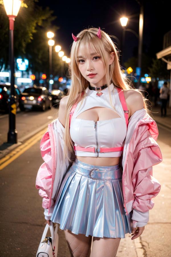   AI美女-拟实-粉衣银色短裙小恶魔-纯净版-夜色街拍 二次元甜酷角色扮演户外性感写真第14张图片