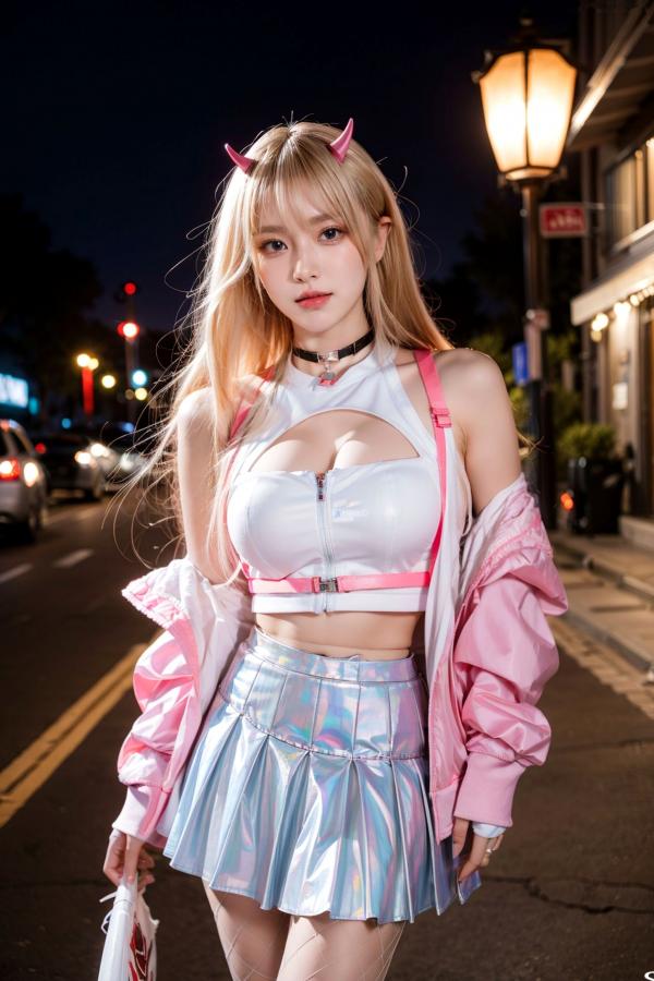   AI美女-拟实-粉衣银色短裙小恶魔-纯净版-夜色街拍 二次元甜酷角色扮演户外性感写真第15张图片