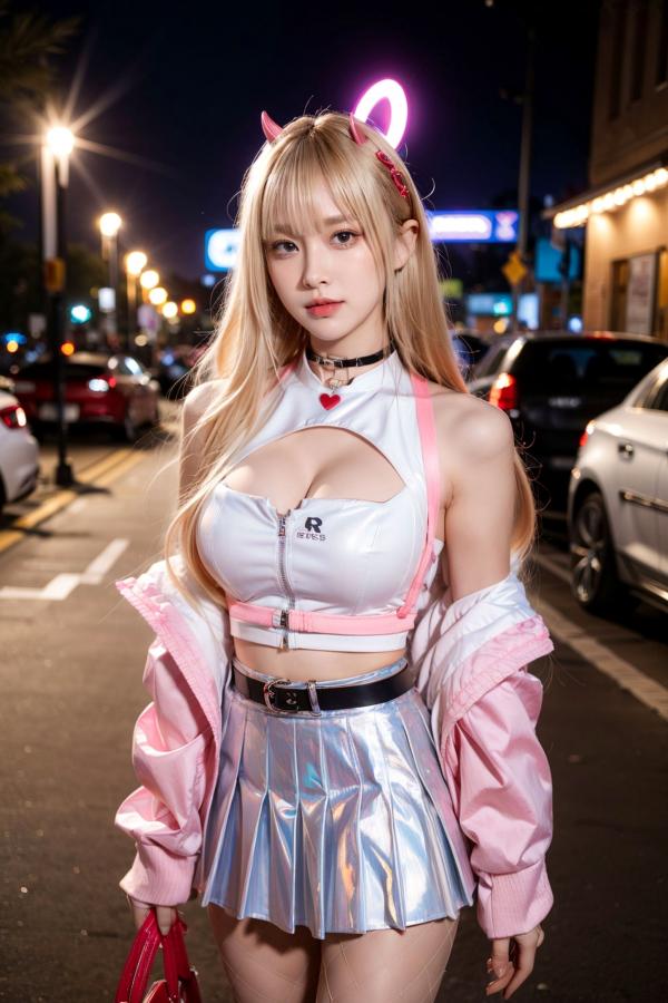   AI美女-拟实-粉衣银色短裙小恶魔-纯净版-夜色街拍 二次元甜酷角色扮演户外性感写真第18张图片