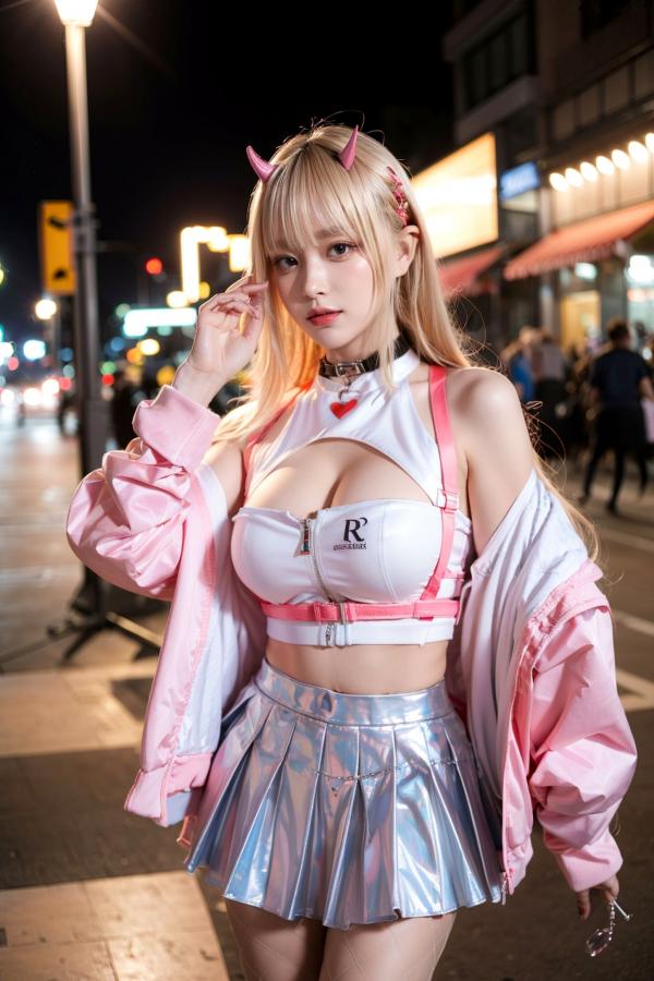  AI美女-拟实-粉衣银色短裙小恶魔-纯净版-夜色街拍 二次元甜酷角色扮演户外性感写真第20张图片