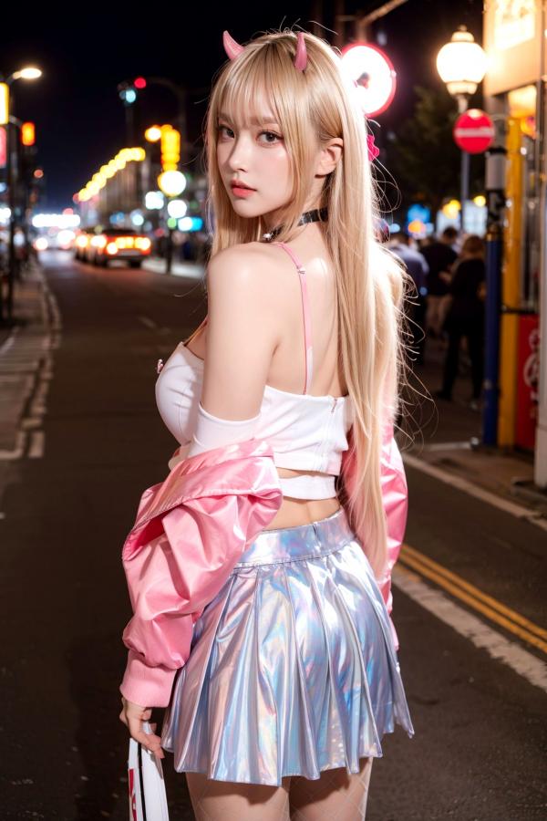   AI美女-拟实-粉衣银色短裙小恶魔-纯净版-夜色街拍 二次元甜酷角色扮演户外性感写真第26张图片