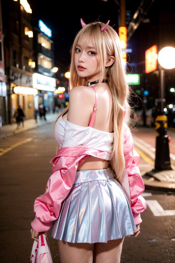   AI美女-拟实-粉衣银色短裙小恶魔-纯净版-夜色街拍 二次元甜酷角色扮演户外性感写真第27张图片