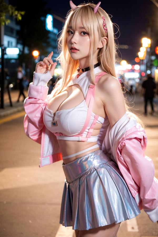   AI美女-拟实-粉衣银色短裙小恶魔-纯净版-夜色街拍 二次元甜酷角色扮演户外性感写真第28张图片