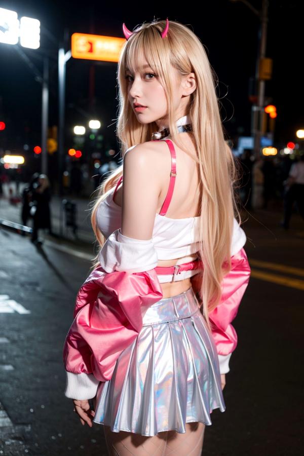   AI美女-拟实-粉衣银色短裙小恶魔-纯净版-夜色街拍 二次元甜酷角色扮演户外性感写真第34张图片